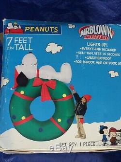 NEW Gemmy Peanuts 7 Tall Snoopy On Wreath Lighted Christmas Airblown Inflatable