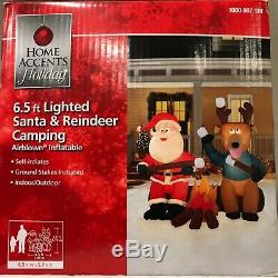 NIB 6.5 foot Lighted Inflatable Santa and Reindeer Sitting At Campfire