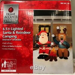 NIB 6.5 foot Lighted Inflatable Santa and Reindeer Sitting At Campfire