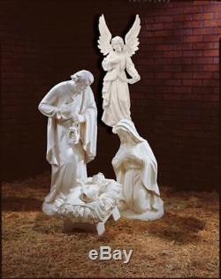 Outdoor Nativity Set 32 inch Holy Family and Gloria Angel Wood Carved Look White