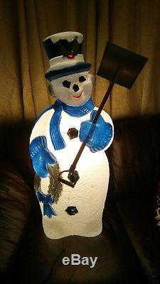 RARE Christmas blue silver Snowman with shovel blow mold light up lawn decoration