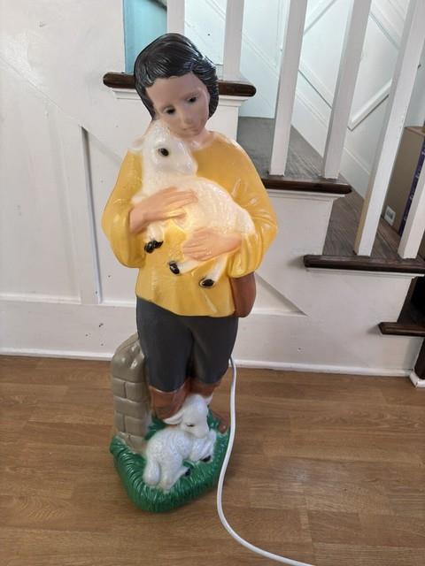Rare Vtg 33in Tpi Blow Mold Little Shepherd Boy Withbaby Lambs Dual Electric Cords