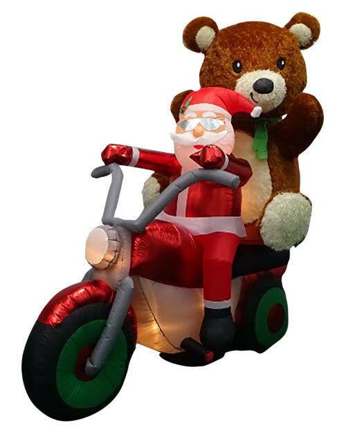 Rare New 6.5 Ft Tall Christmas Santa Claus Motorcycle With Bear Gemmy Inflatable