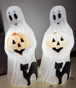 Two (2) Vintage Working Blow Mold 34 Empire Halloween Ghost Pumpkin and Cat