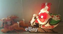 Used Santa Sleigh and Reindeer Christmas Blow Mold Yard Decor Vtg Plastic