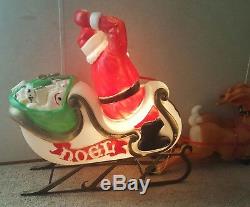 Used Santa Sleigh and Reindeer Christmas Blow Mold Yard Decor Vtg Plastic