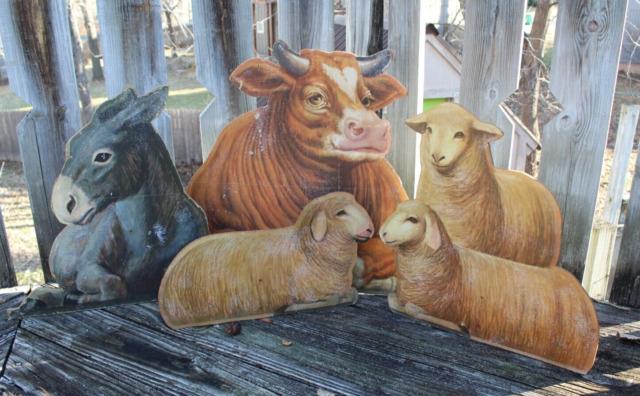 Vtg 1950s Plywood Yard Art U-bild Christmas Nativity Animals 4 Pc Lamb Ox Donkey