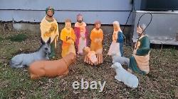 Vintage 11 Piece Nativity Set Poloron Christmas Blow Mold includes wood manger