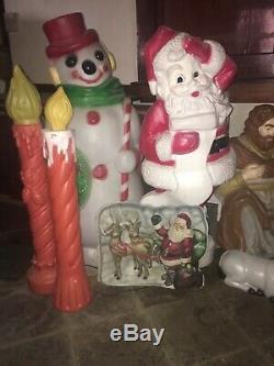 Vintage 21 Piece Blow Mold Christmas Nativity Manger Scene Santa Snowman Candles