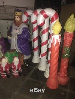 Vintage 21 Piece Blow Mold Christmas Nativity Manger Scene Santa Snowman Candles