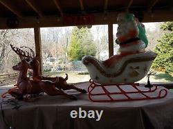 Vintage 60s/70s Large Poloron Santa Claus, Sleigh, 2 Reindeer Christmas Blow Mold