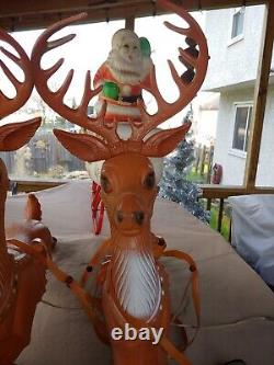 Vintage 60s/70s Large Poloron Santa Claus, Sleigh, 2 Reindeer Christmas Blow Mold