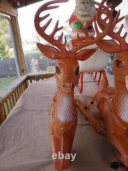 Vintage 60s/70s Large Poloron Santa Claus, Sleigh, 2 Reindeer Christmas Blow Mold