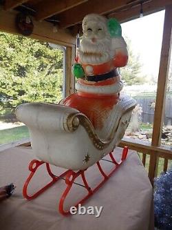 Vintage 60s/70s Large Poloron Santa Claus, Sleigh, 2 Reindeer Christmas Blow Mold