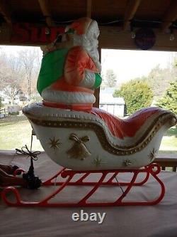 Vintage 60s/70s Large Poloron Santa Claus, Sleigh, 2 Reindeer Christmas Blow Mold