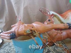 Vintage 60s/70s Large Poloron Santa Claus, Sleigh, 2 Reindeer Christmas Blow Mold