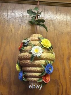 Vintage Blow Mold Bee Hive With Plastic Flowers