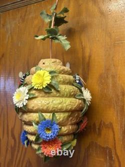 Vintage Blow Mold Bee Hive With Plastic Flowers
