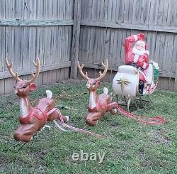 Vintage Blow Mold Christmas Santa In Sleigh Noel With 2 Reindeer General Foam