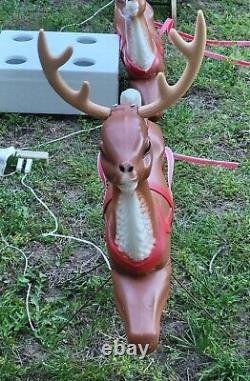 Vintage Blow Mold Christmas Santa In Sleigh Noel With 2 Reindeer General Foam