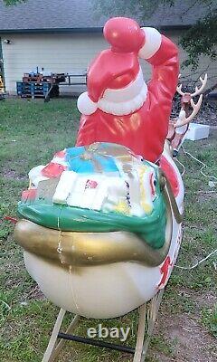 Vintage Blow Mold Christmas Santa In Sleigh Noel With 2 Reindeer General Foam