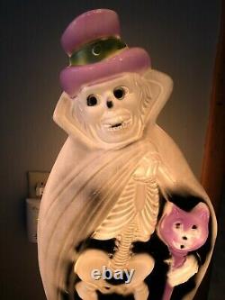 Vintage Blow Mold RARE Halloween Skeleton w Cat Cane Skeleton Cape Hat Ghoul
