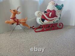 Vintage Christmas Grand Venture Blow Mold Light Up Santa Sleigh and (1) Reindeer