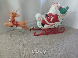 Vintage Christmas Grand Venture Blow Mold Light Up Santa Sleigh and (1) Reindeer