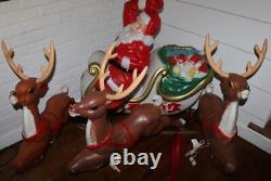 Vintage Empire Santa Claus Sleigh Blowmold 3 Reindeer Rudolph Red Nose FREE SHIP