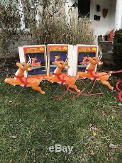 Vintage Grand Venture Blow Mold Santa w Sleigh, 3 Reindeer All in Original Boxes