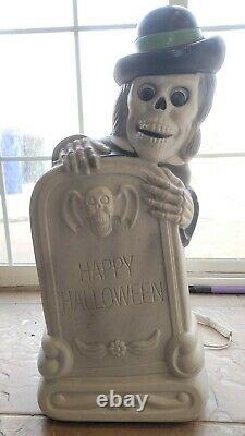 Vintage Halloween Lighted Blow Mold Happy Halloween Tombstone Grave Skeleton