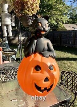 Vintage Large 34 Carolina Enterprise Black Cat on Pumpkin Halloween Blow Mold