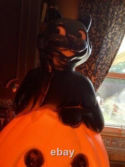 Vintage Large 34 Carolina Enterprise Black Cat on Pumpkin Halloween Blow Mold