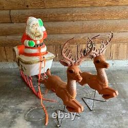Vintage Poloron Santa Sleigh Sled 2 Reindeer Blow Mold Christmas Holiday Outdoor