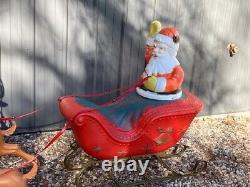 Vintage Poloron Santa in Sleigh w 2 Reindeer Lighted Blow Mold Set