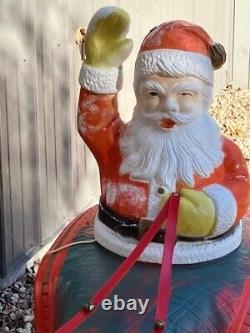 Vintage Poloron Santa in Sleigh w 2 Reindeer Lighted Blow Mold Set