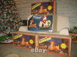 Vintage Santa Claus Sleigh 4 Reindeer Noel Christmas Blow Mold Light Plastic Set