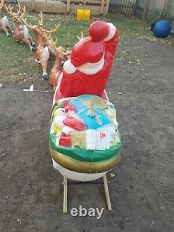 Vintage Santa Claus Sleigh 8 Reindeer Noel Christmas Blow Mold Light Plastic Set