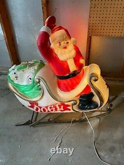 Vintage Santa Claus in Sleigh with Reindeer Lighted Christmas Blow Mold Needs Work