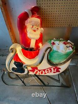 Vintage Santa Claus in Sleigh with Reindeer Lighted Christmas Blow Mold Needs Work