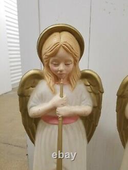 Vintage Set Of 3 Blow Mold Angels w Trumpets 34 Tall Christmas