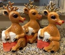 Vntg Blow Mold Rudolph The Red Nose Reindeer & Chimney Christmas Decor Set Of 3