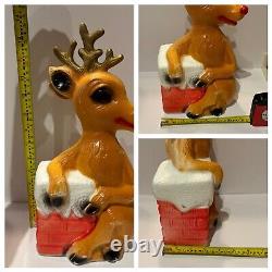 Vntg Blow Mold Rudolph The Red Nose Reindeer & Chimney Christmas Decor Set Of 3