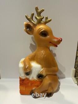 Vntg Blow Mold Rudolph The Red Nose Reindeer & Chimney Christmas Decor Set Of 3