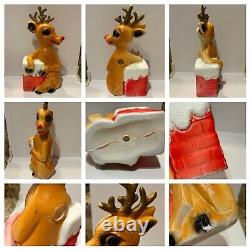 Vntg Blow Mold Rudolph The Red Nose Reindeer & Chimney Christmas Decor Set Of 3