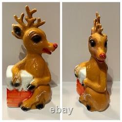 Vntg Blow Mold Rudolph The Red Nose Reindeer & Chimney Christmas Decor Set Of 3