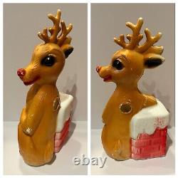 Vntg Blow Mold Rudolph The Red Nose Reindeer & Chimney Christmas Decor Set Of 3