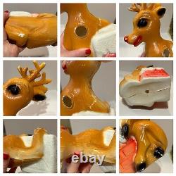 Vntg Blow Mold Rudolph The Red Nose Reindeer & Chimney Christmas Decor Set Of 3