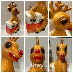 Vntg Blow Mold Rudolph The Red Nose Reindeer & Chimney Christmas Decor Set Of 3