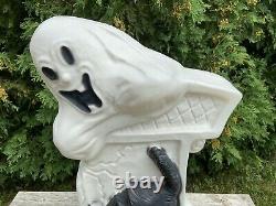 Vtg Drainage Industries Halloween Blow Mold Lighted Grave Stone Boo Ghost Cat